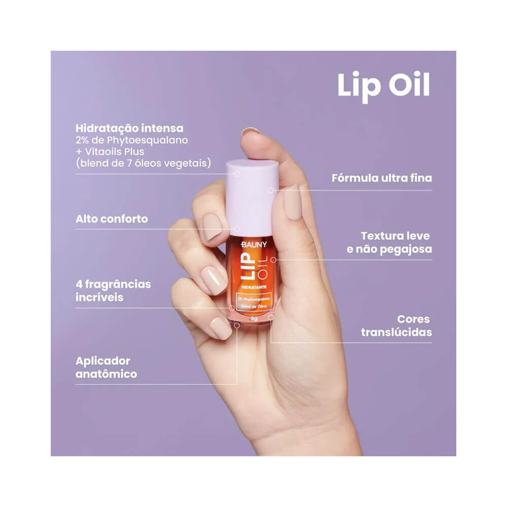 Lip Oil Bauny em fundo lilás destacando benefícios e embalagem