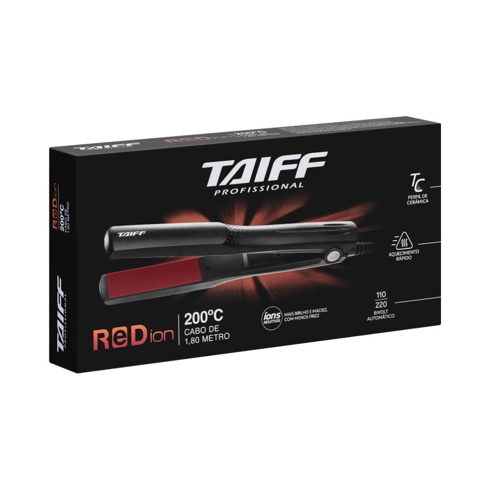 Embalagem da Chapa Taiff Red Ion Bivolt com informações de temperatura e recursos