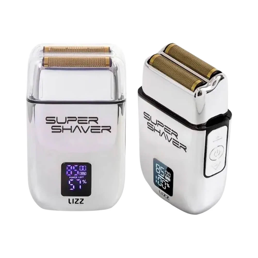 Conjunto da Máquina de Acabamento Lizz Super Shaver mostrando frontal e lateral com destaque para display e lâminas