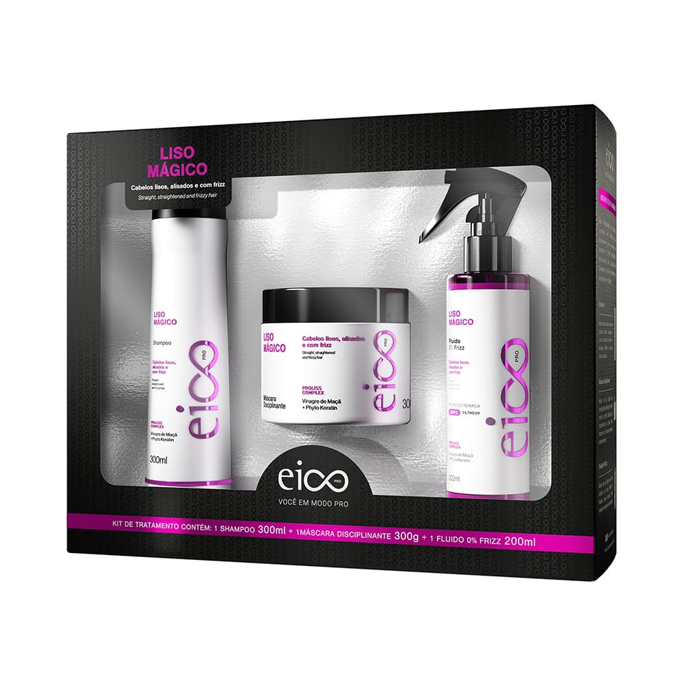 Kit Eico Pro Liso Mágico: shampoo 300ml, máscara 300g e fluído 200ml
