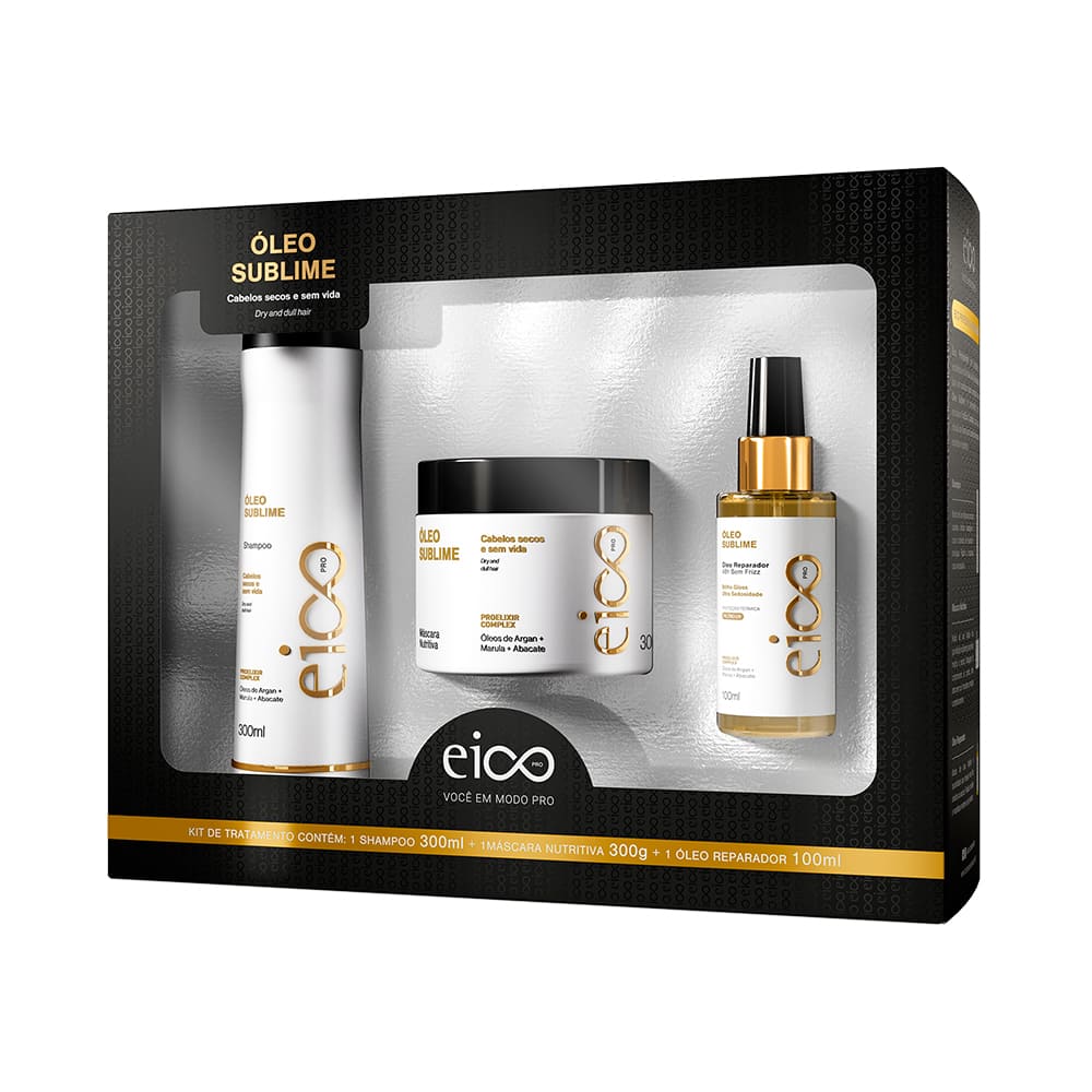 Kit Eico Pro Óleo Sublime: shampoo, máscara e fluído com embalagens branca e detalhes dourados