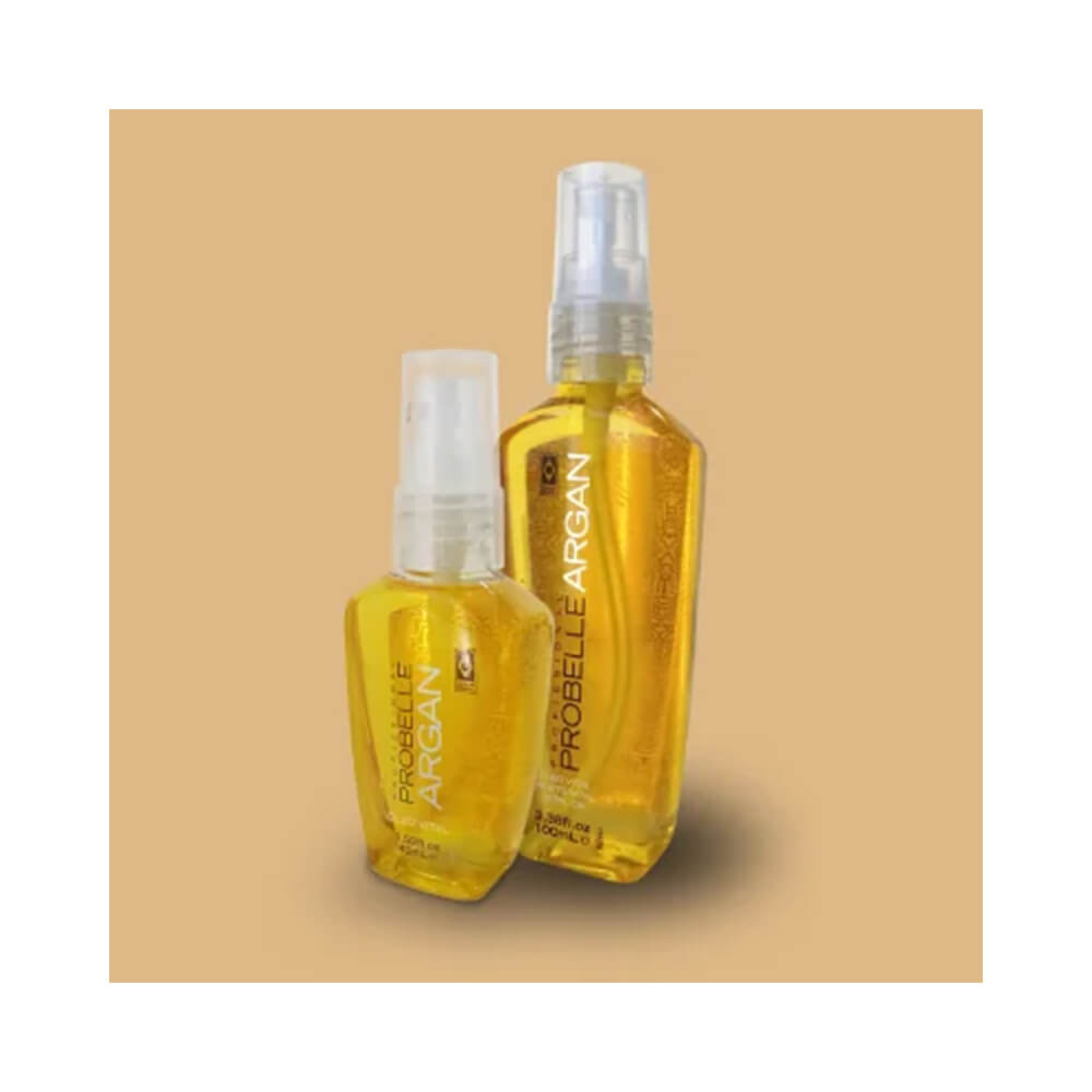 Duas embalagens do Óleo Capilar Probelle Argan 100ml em fundo neutro