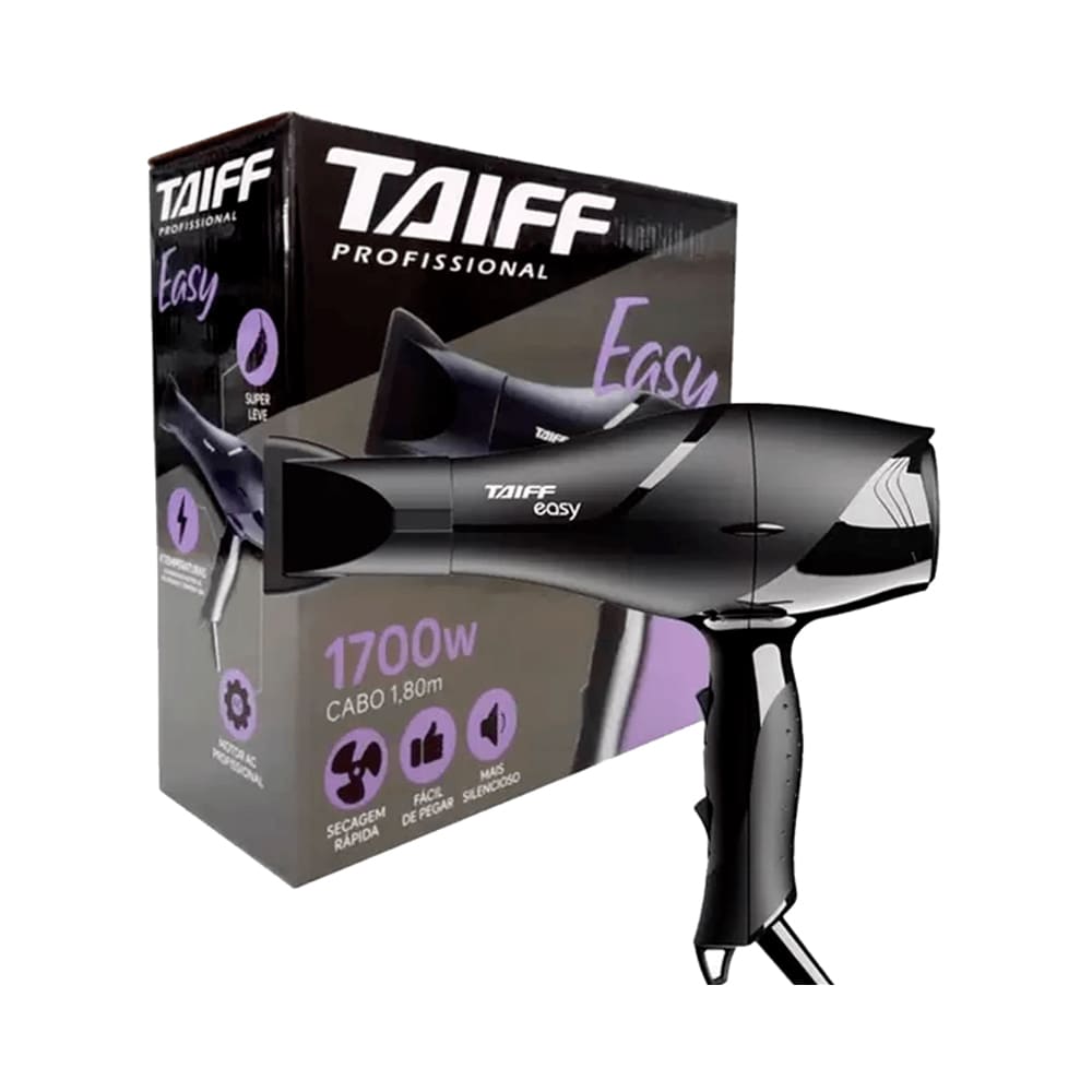 Secador Taiff Easy 1700W 127V com embalagem ao fundo destacando potência