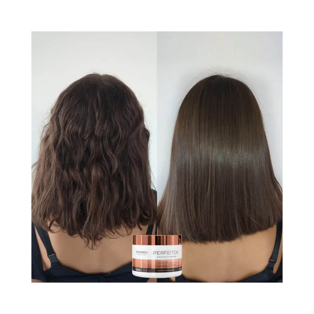 Comparativo antes e depois em cabelo ondulado mostrando alisamento e brilho
