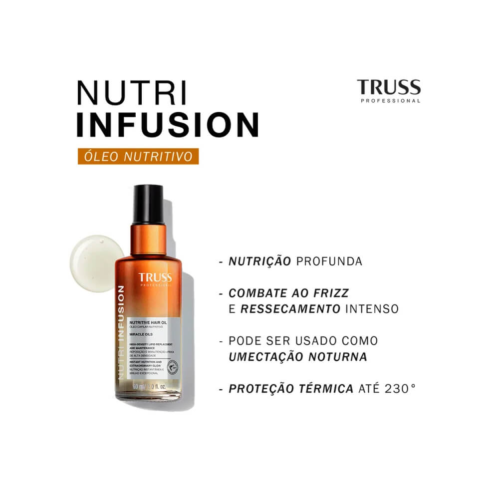Óleo Capilar Truss Nutri Infusion 60ml com destaque para nutrição e proteção térmica