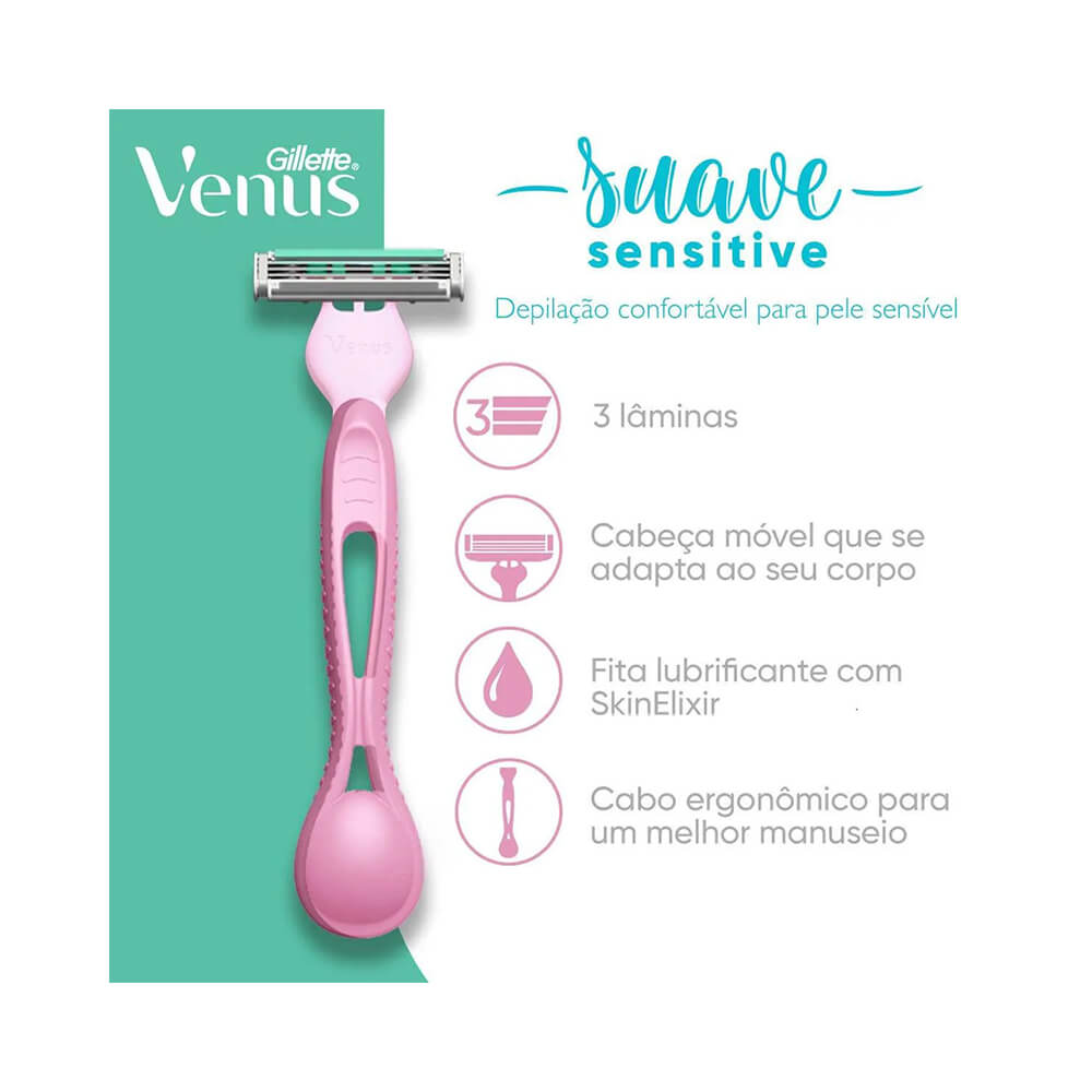 Aparelho Gillette Venus Suave Sensitive com destaque para atributos técnicos