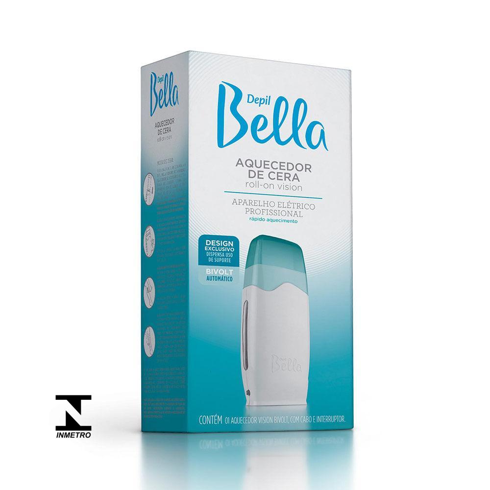Imagem frontal da caixa do aquecedor de cera roll-on Depil Bella com destaque para o aplicador