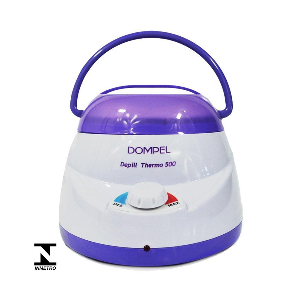Aquecedor de cera Dompel Depill Thermo 500 exibido de frente com controle de temperatura e base roxa