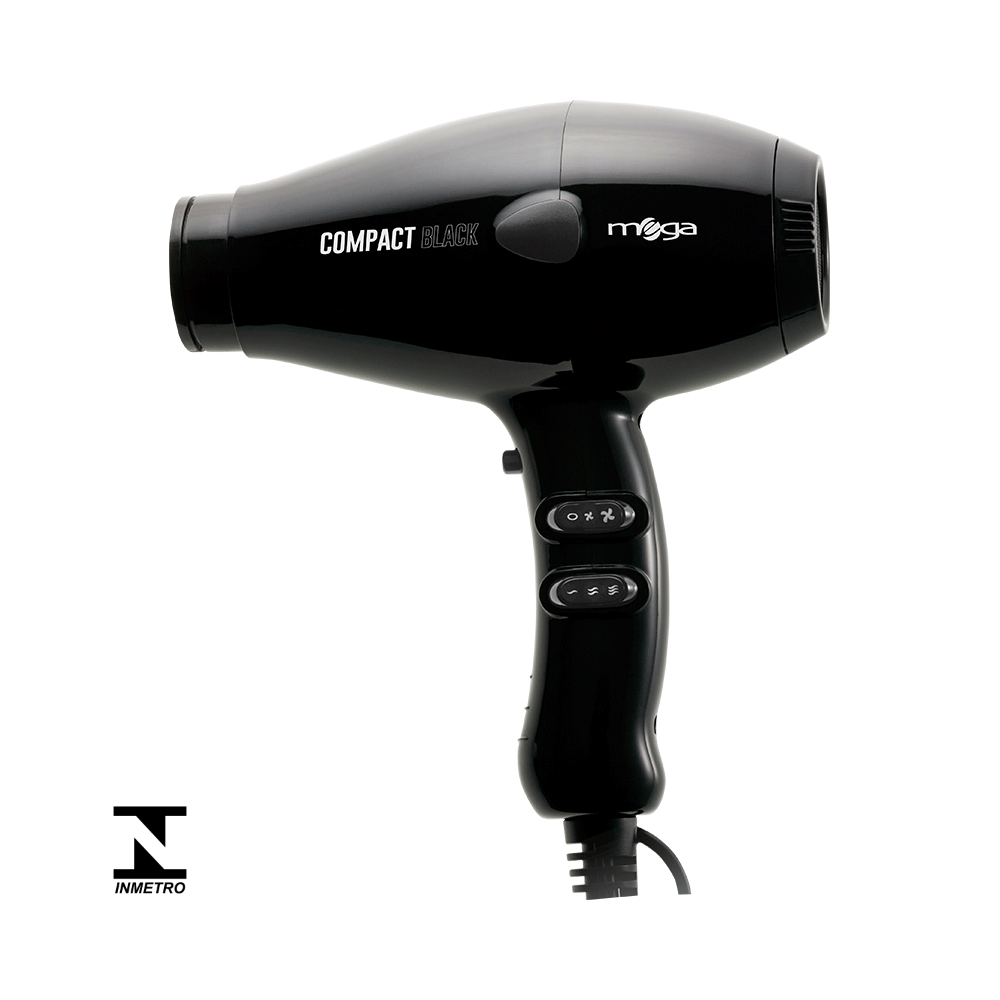Detalhe lateral do secador Mega Compact Black mostrando botões e cabo anti-torção