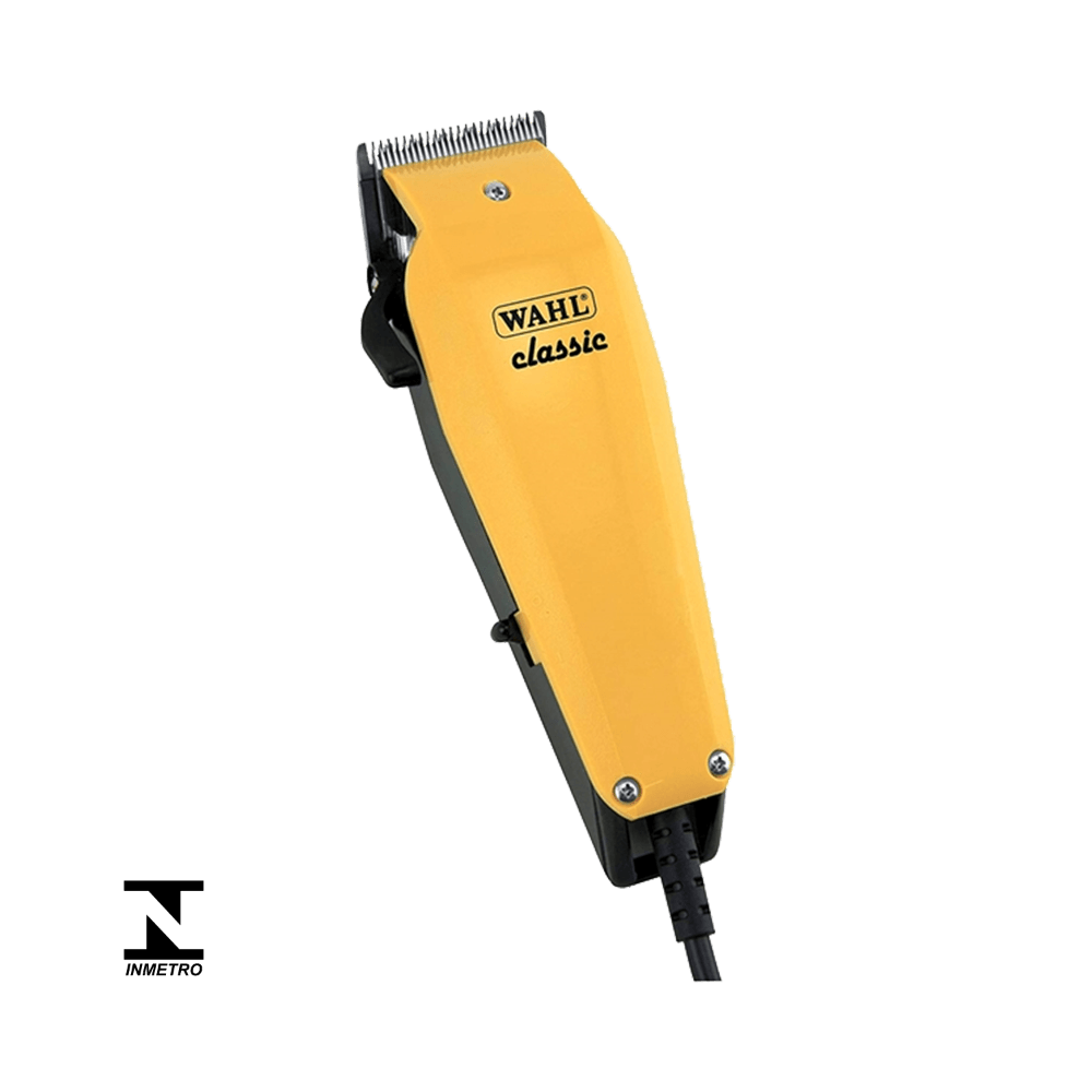 Máquina de corte Wahl Classic 220V em destaque com corpo amarelo e detalhes pretos