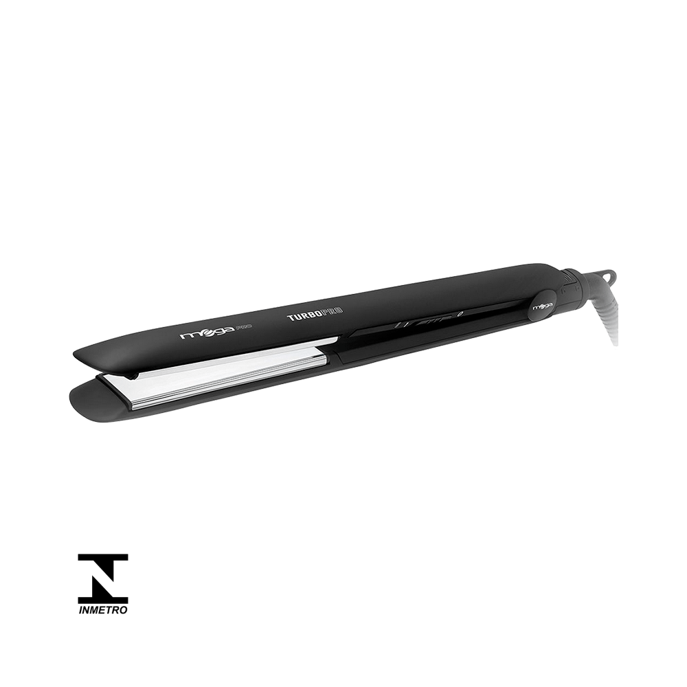 Chapa Mega Turbo Pro Bivolt Ikesaki em destaque com placas brancas e corpo preto fosco