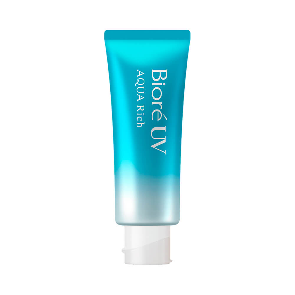 Frente do protetor solar Bioré UV Aqua Rich em tubo azul degradê com tampa branca