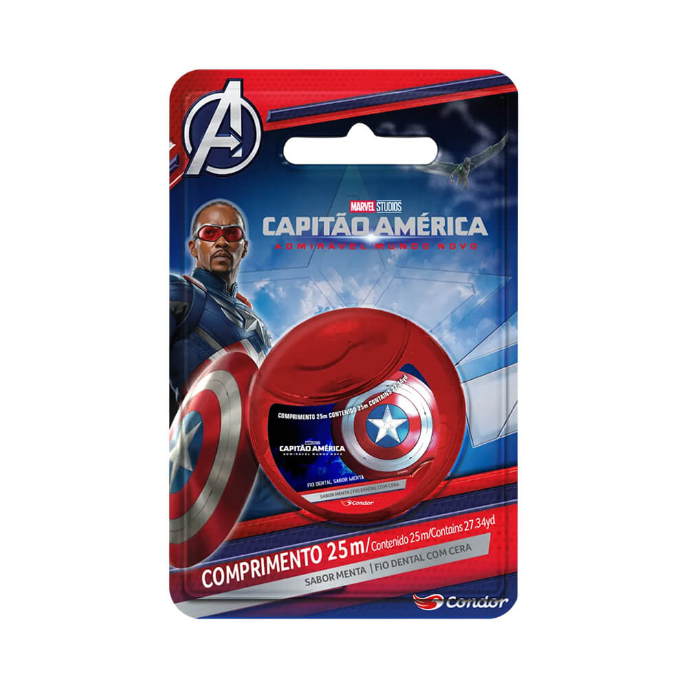 Fio Dental Infantil Condor Capitão América Menta 25m - embalagem redonda com escudo do Capitão América
