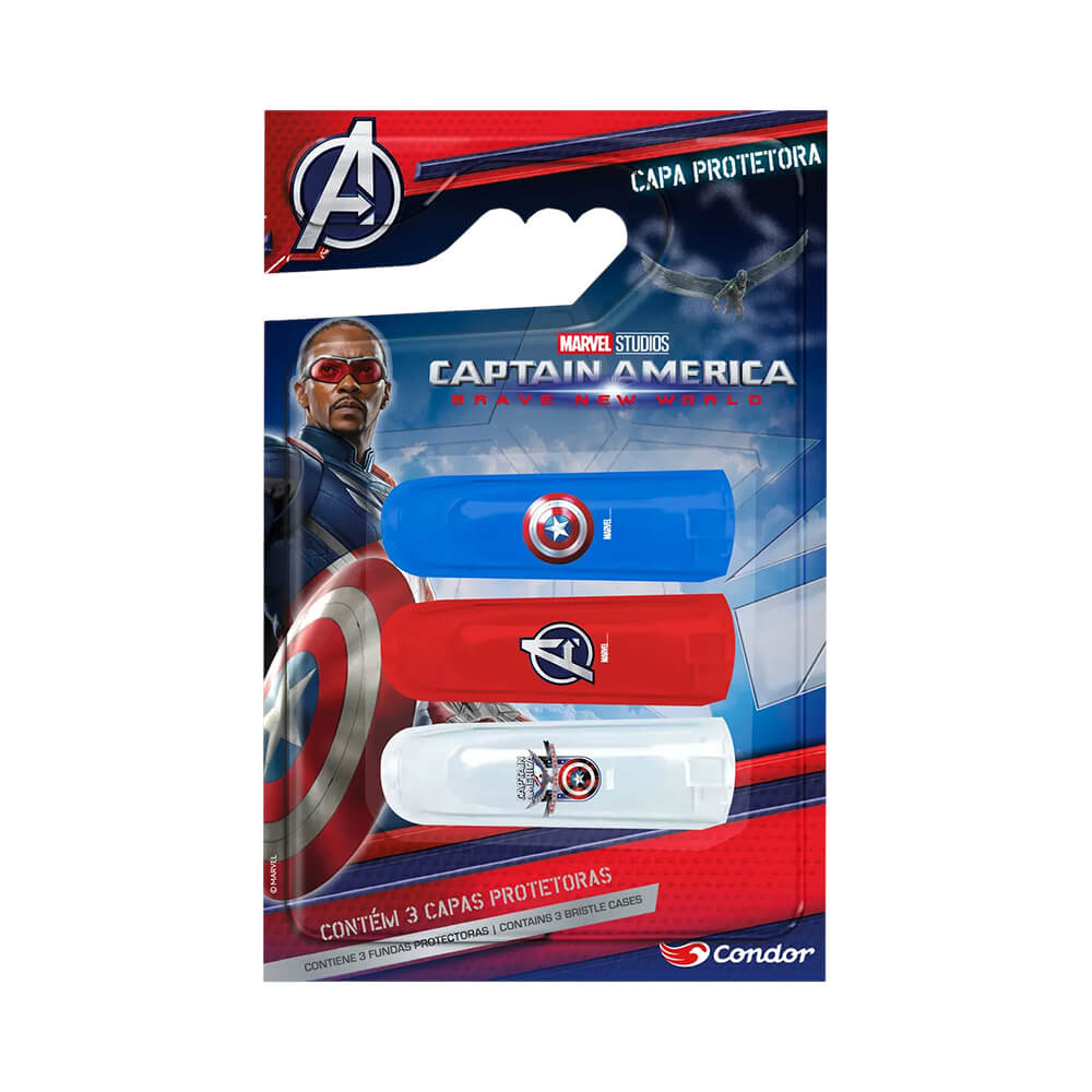 Capa Protetora de Cerdas Condor Capitão América 3 Unidades - embalagem frontal com cores azul, vermelho e branco