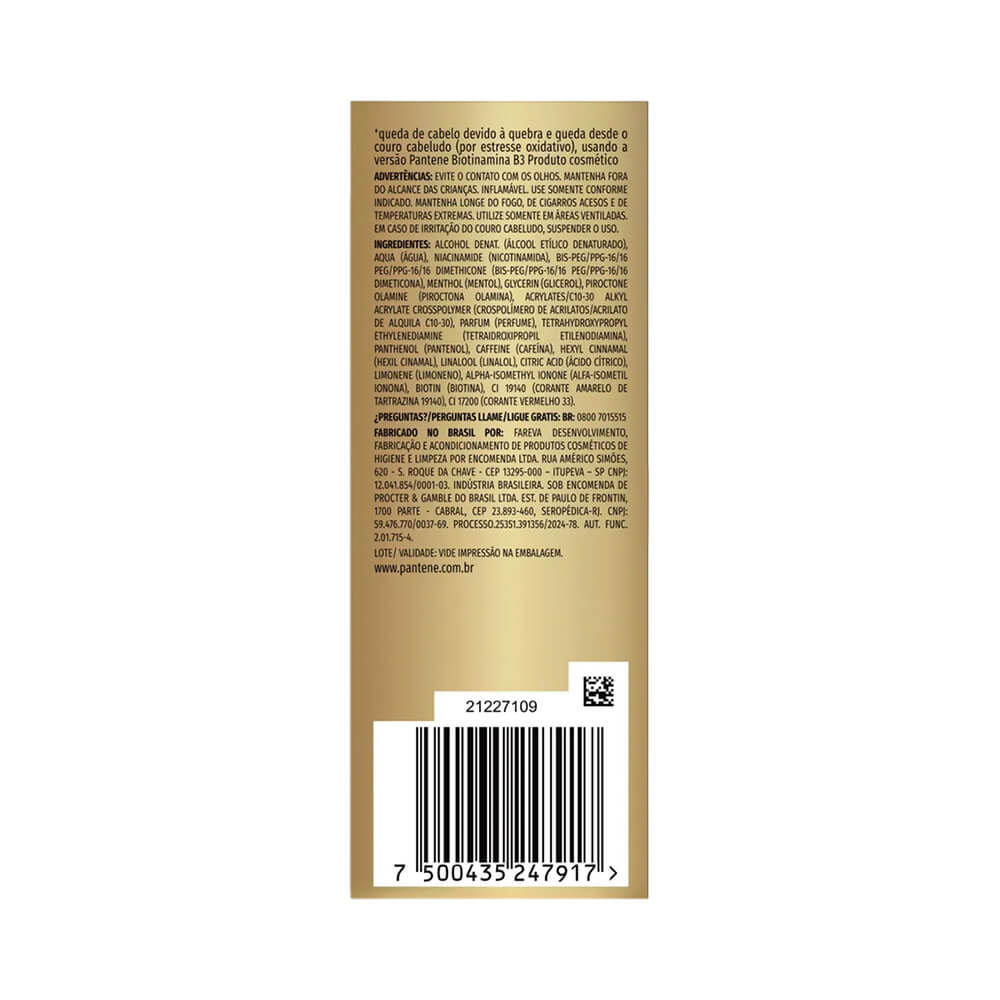 Tônico Pantene Biotinamina B3 52ml em destaque com cápsulas douradas ao redor