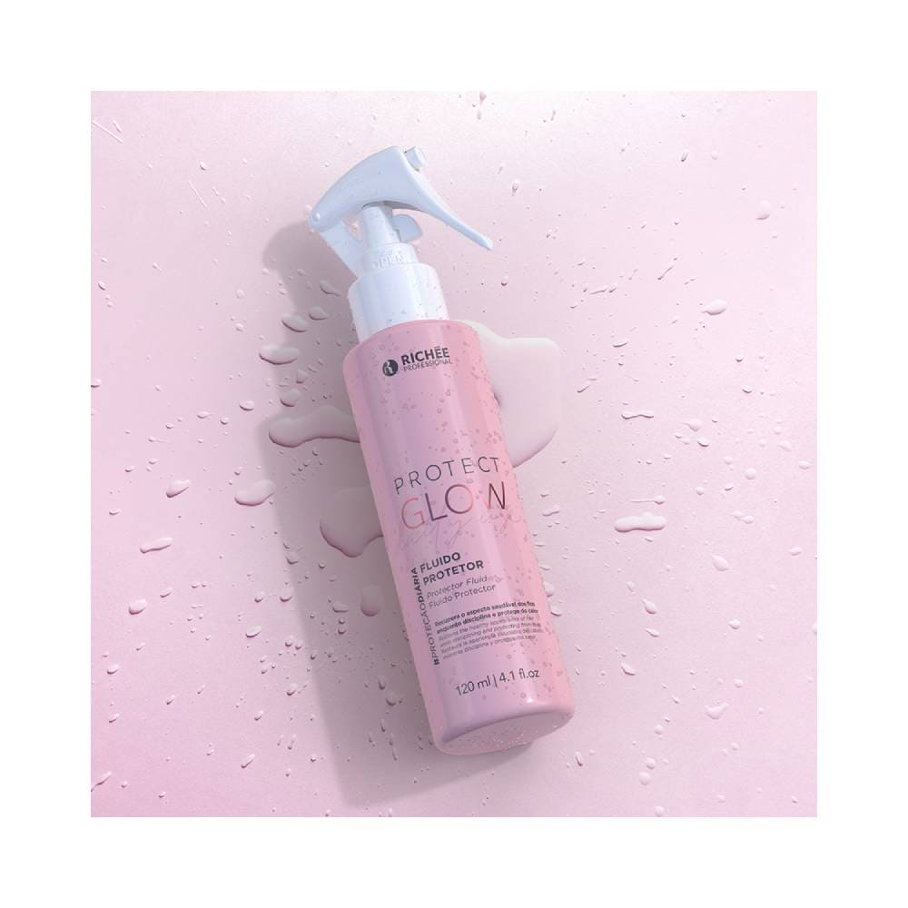 Fluído Protetor Richée Protect Glow 120ml em fundo rosa com gotas d'água