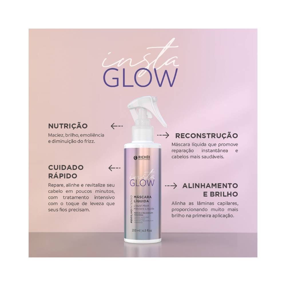Máscara Líquida Richée Insta Glow 200ml em destaque sobre fundo degradê rosa e lilás