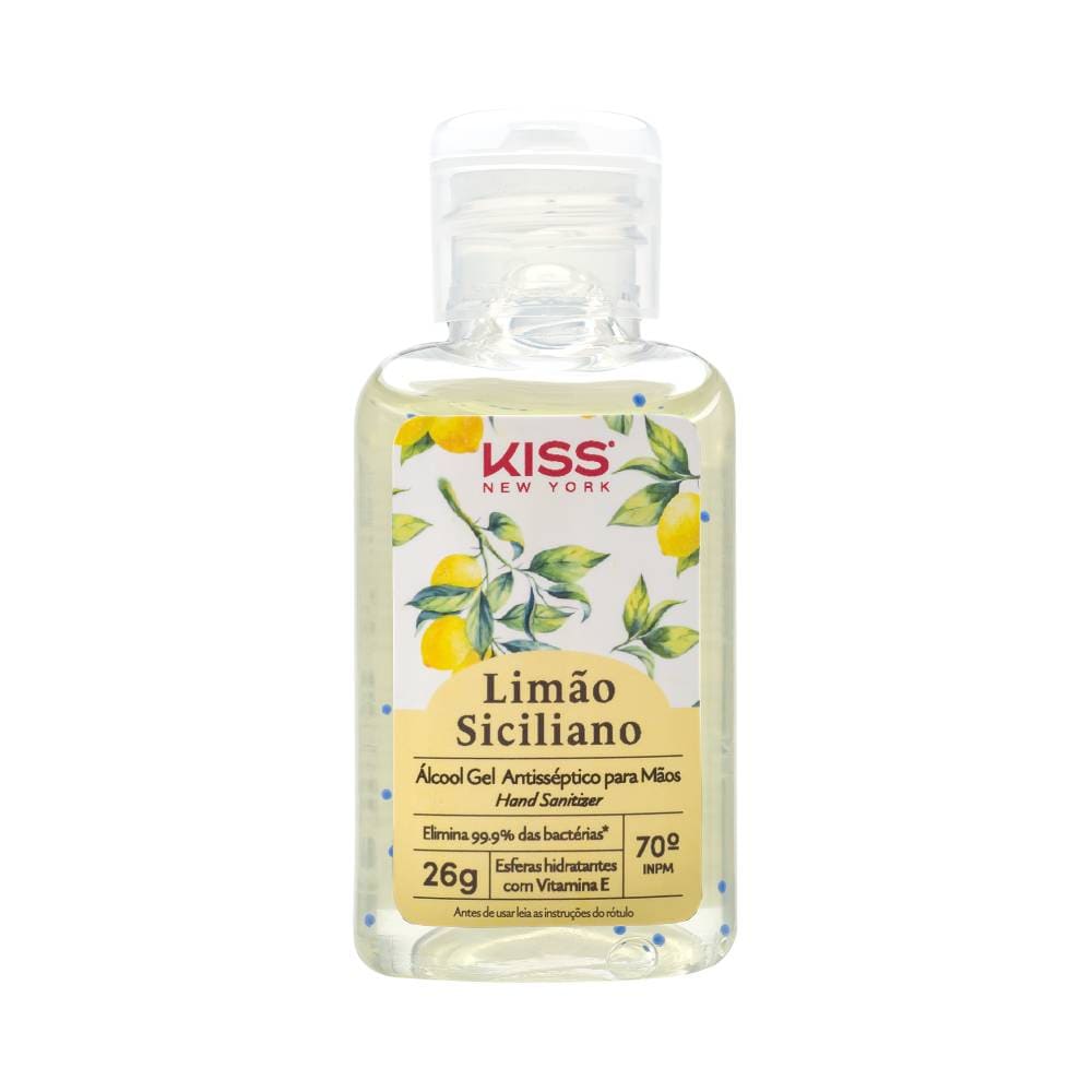 Frasco de álcool em gel Kiss New York Limão Siciliano 26g com ilustrações de limões e esferas hidratantes