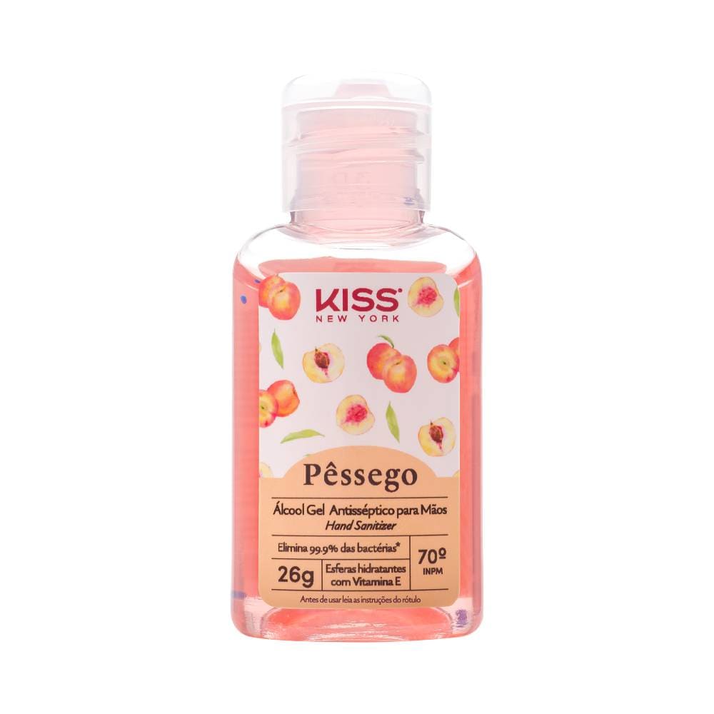 Frasco transparente de Álcool em Gel Kiss New York Pêssego 26g com gel rosado e esferas hidratantes