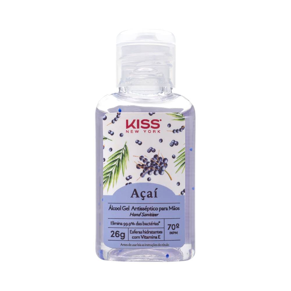 Frasco transparente de álcool em gel Kiss New York Açaí 26g com gel lilás e esferas hidratantes