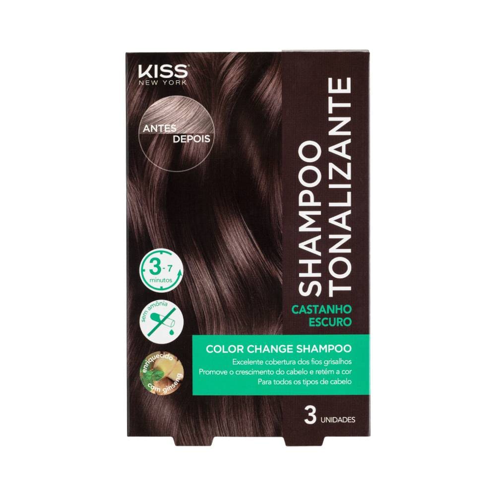 Embalagem frontal do Shampoo Tonalizante Kiss New York Castanho Escuro