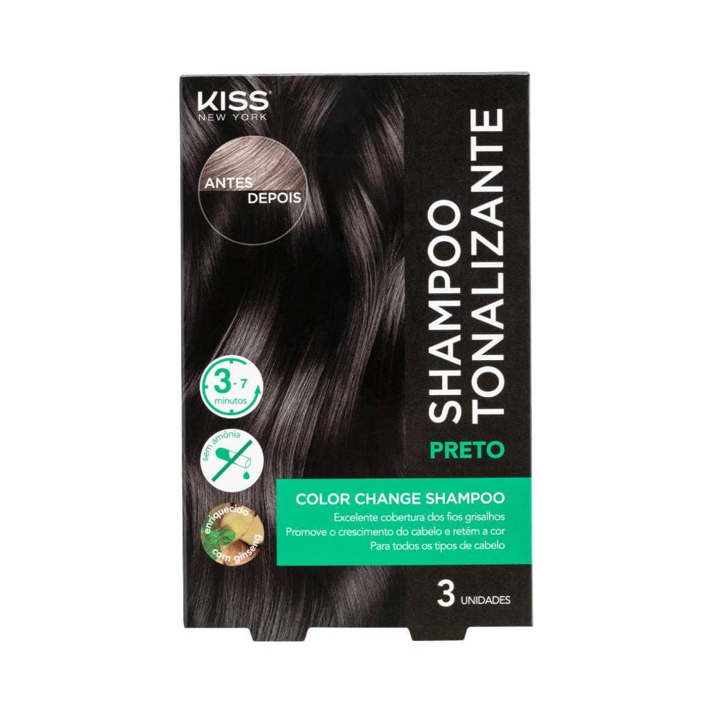 Embalagem frontal do Shampoo Tonalizante Color Kiss New York Preto com destaque para cabelos pretos brilhantes