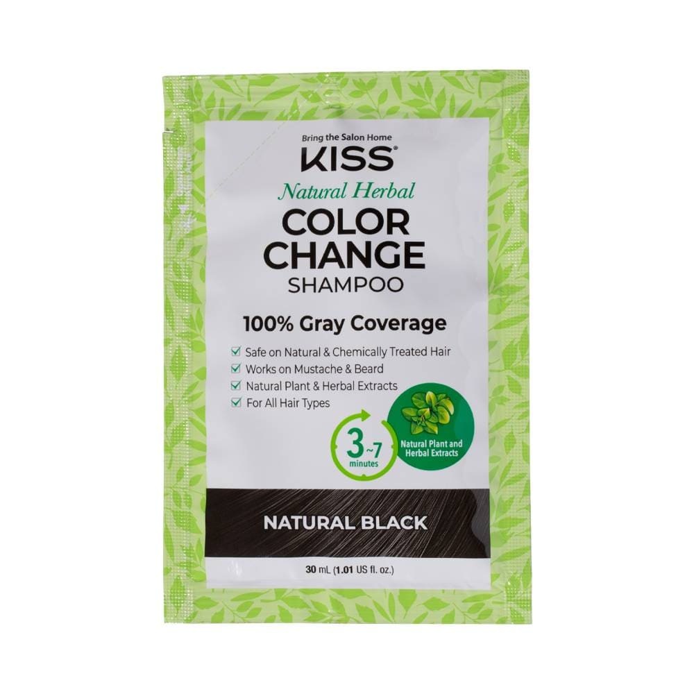 Sachê individual do Shampoo Tonalizante Color Kiss New York Preto mostrando instruções e benefícios