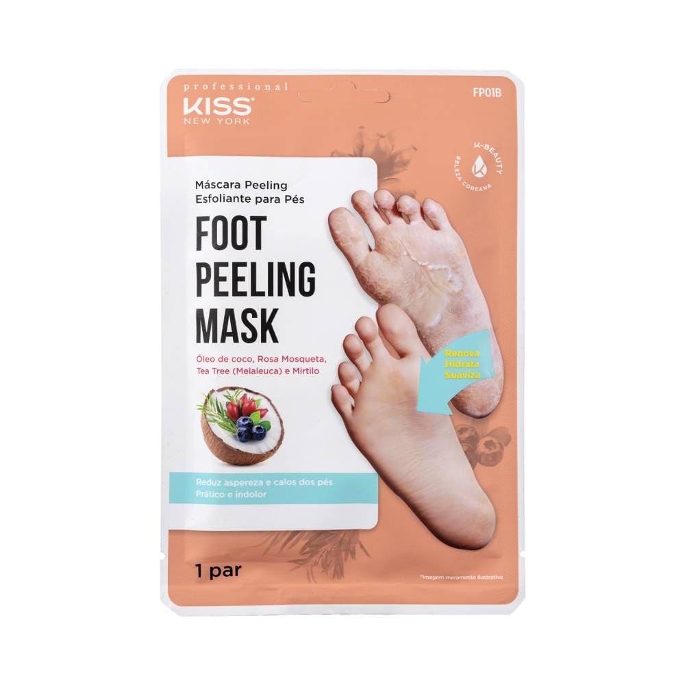 Embalagem frontal Máscara Kiss New York Peeling para Pés com destaque dos ingredientes