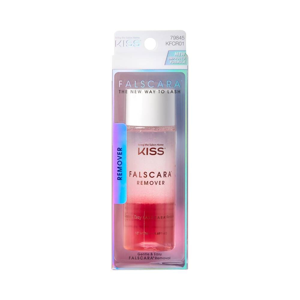 Removedor de Cílios Kiss New York Pink Falscara 50ml na embalagem com fundo holográfico