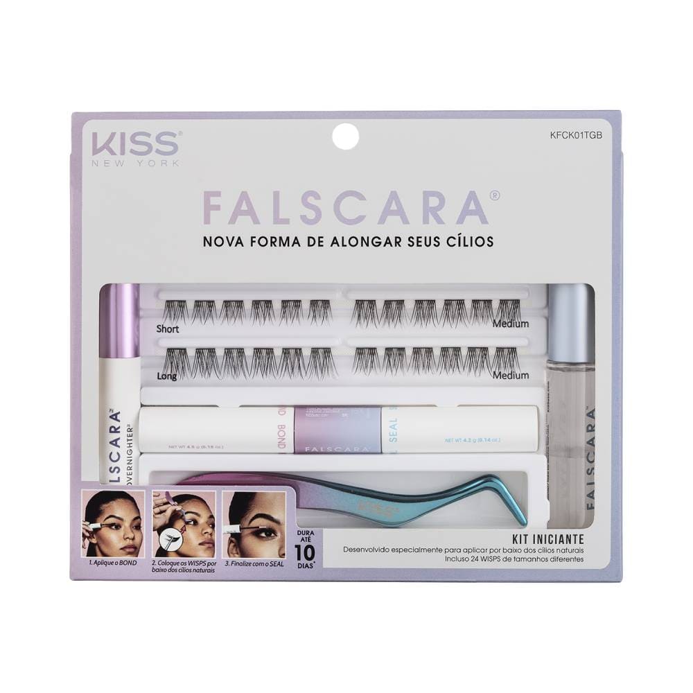Kit Kiss New York Falscara com cílios em três tamanhos, aplicador azul metálico e produtos para fixação