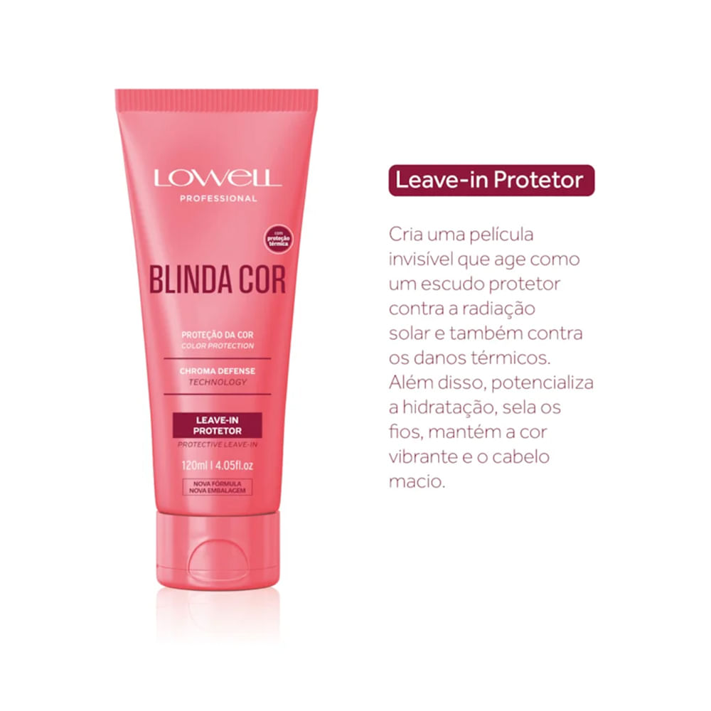 Imagem do Leave-in Lowell Blinda Cor 120ml com texto explicativo sobre proteção e hidratação