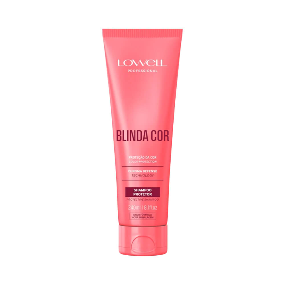 Shampoo Protetor Lowell Blinda Cor 240ml tubo rosa coral em fundo branco