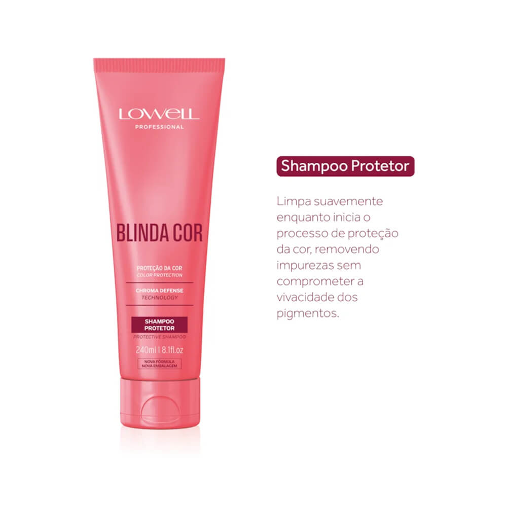 Tubo rosa coral do Shampoo Lowell Blinda Cor 240ml com descrição de benefícios