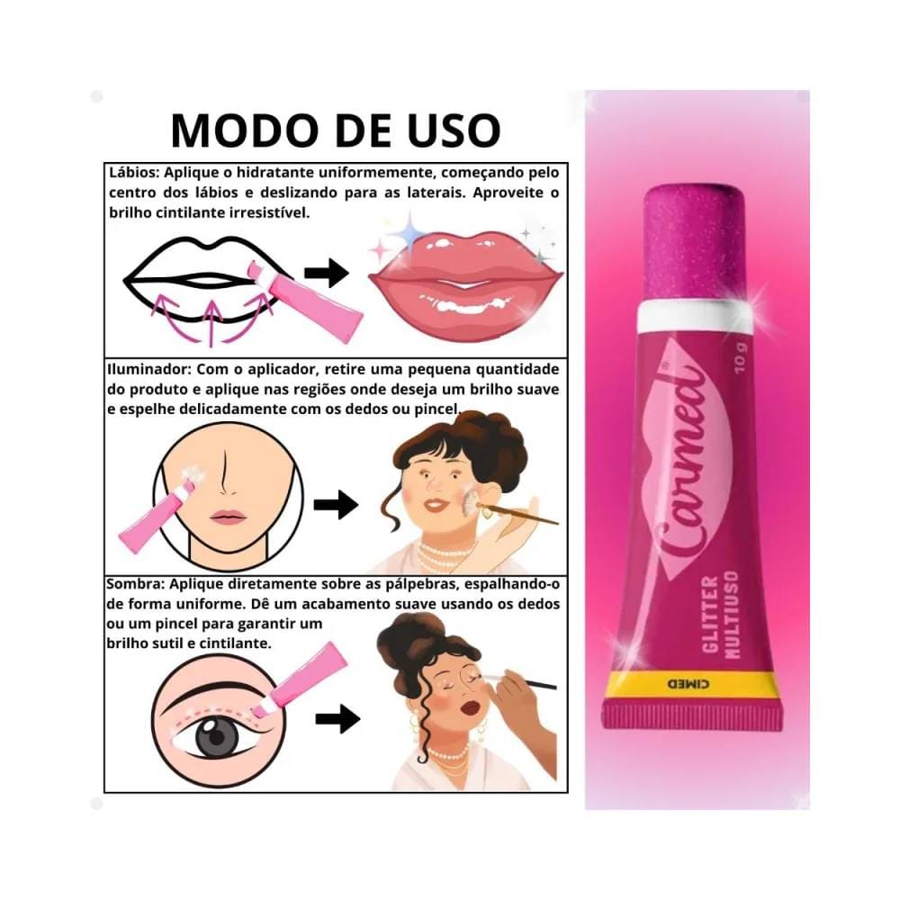 Imagem de instruções e usos do hidratante labial Carmed Glitter 3x1