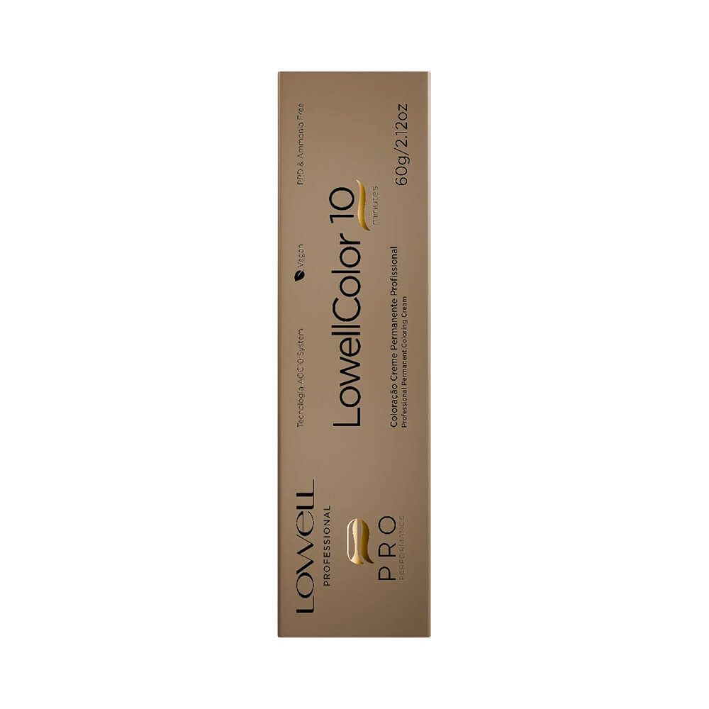 Embalagem frontal Lowell Color 10 Minutes 5.0 Castanho Claro com ícones de vegan e sem PPD