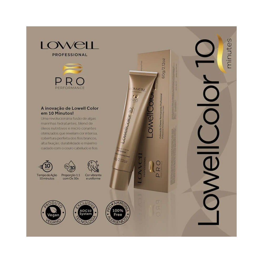 Tubos e embalagem Lowell Color 10 Minutes destacando benefícios e ícones técnicos