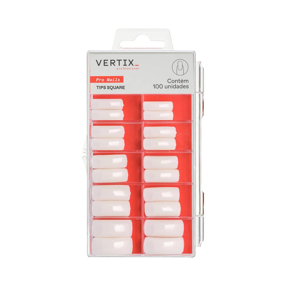 Embalagem com 100 tips Vertix quadradas transparentes leitosas organizadas em compartimentos