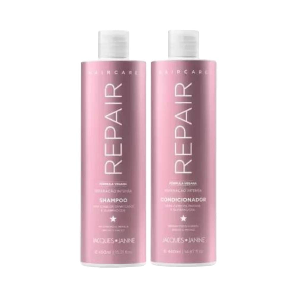 Kit Jacques Janine Repair: shampoo 450ml e condicionador 440ml em embalagens rosa metálico
