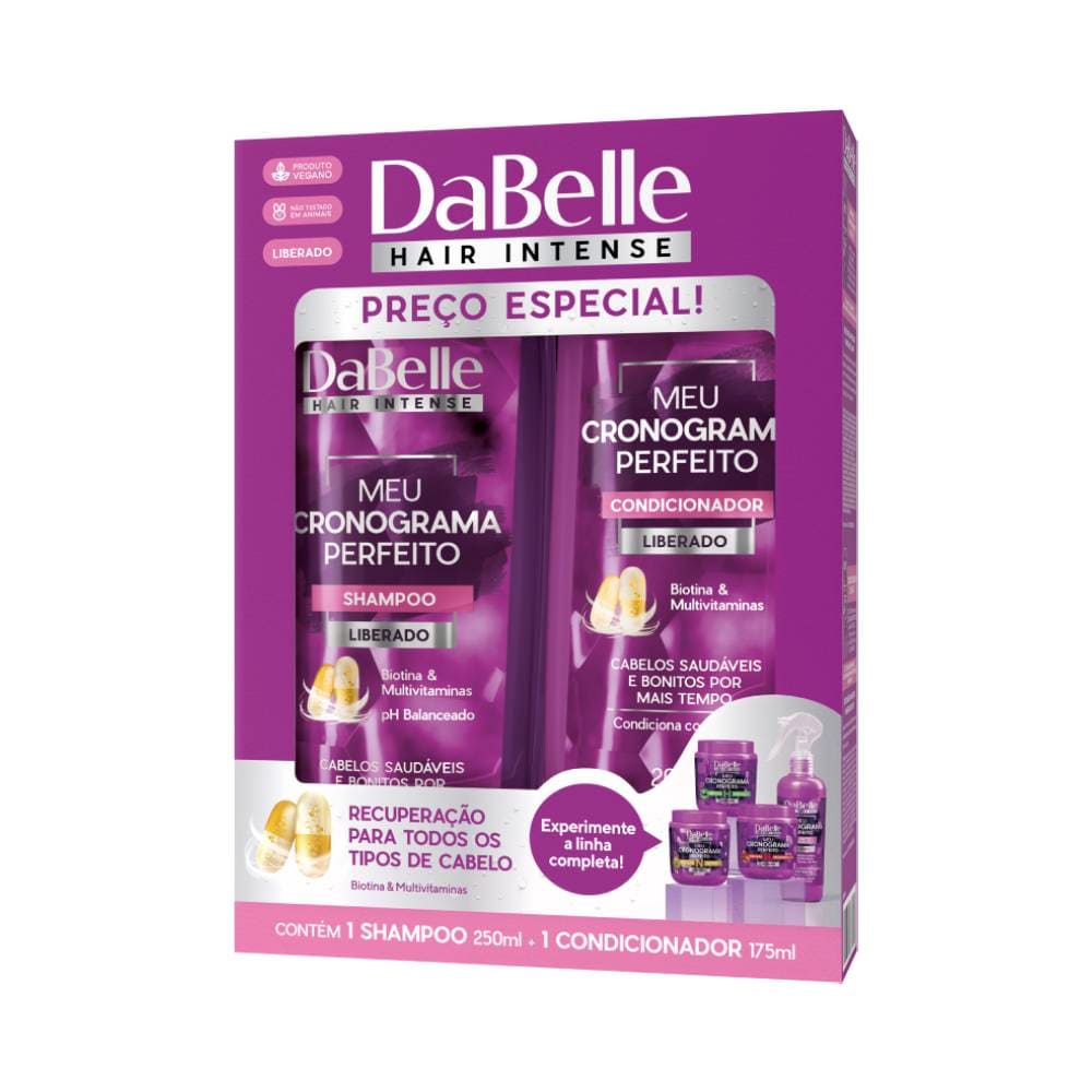 Kit Shampoo 250ml e Condicionador 175ml Dabelle Meu Cronograma Perfeito - embalagem roxa