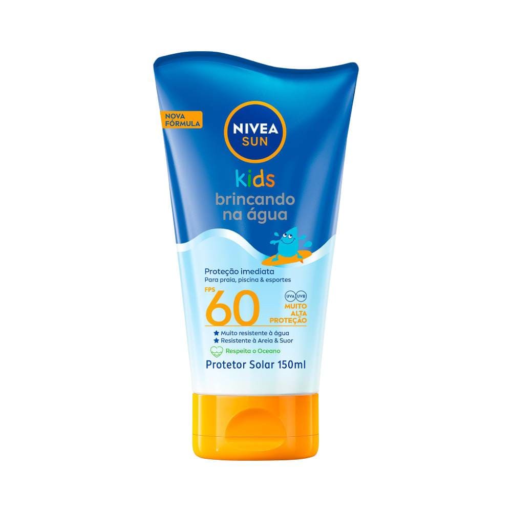 Protetor Solar Nivea Sun Kids Brincando na Água FPS60 150ml - embalagem azul com tampa laranja