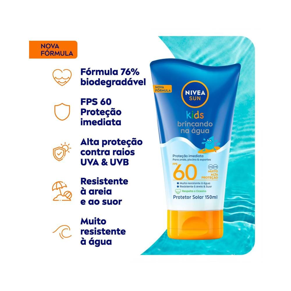 Detalhes da fórmula biodegradável e benefícios do Nivea Sun Kids FPS60