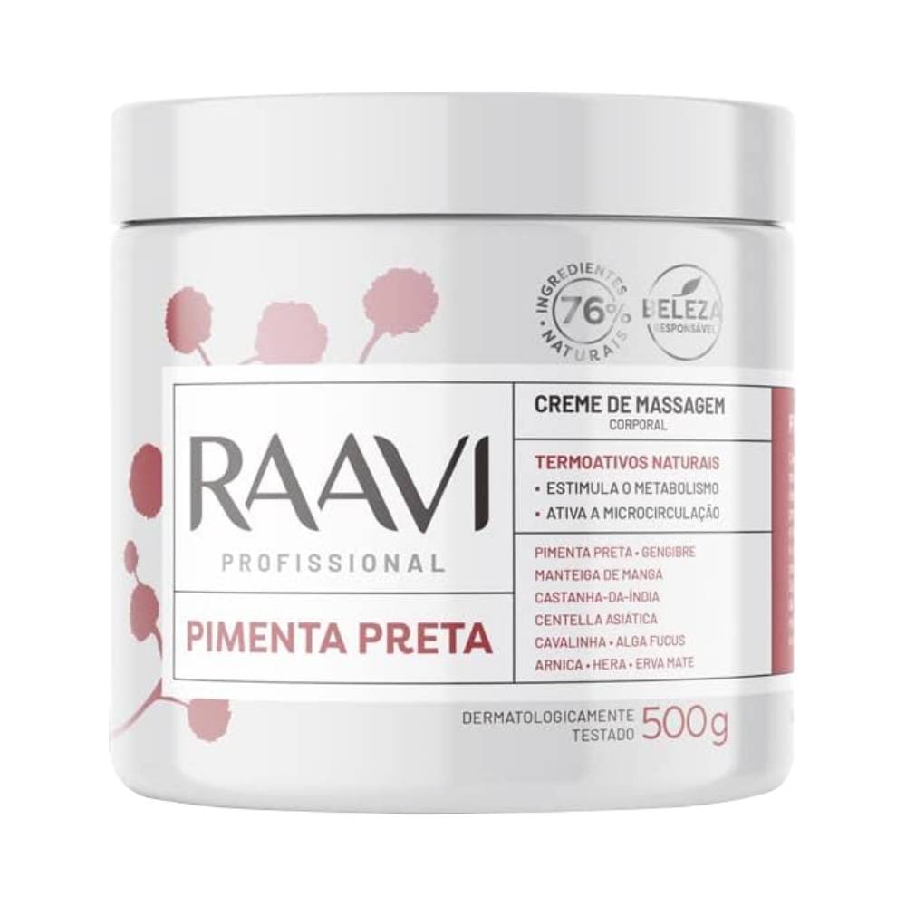 Creme de Massagem Raavi Pimenta Preta 500g - pote branco com selo 76% ingredientes naturais