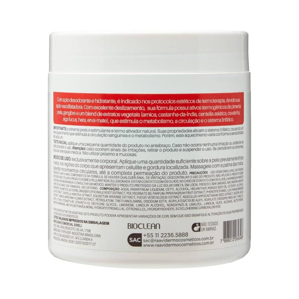Verso do pote com ingredientes e instruções de uso do Creme de Massagem Raavi