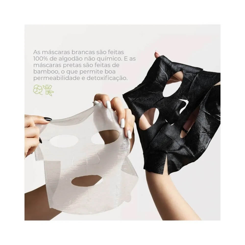 Máscaras faciais de algodão seguradas por mãos, destacando o material