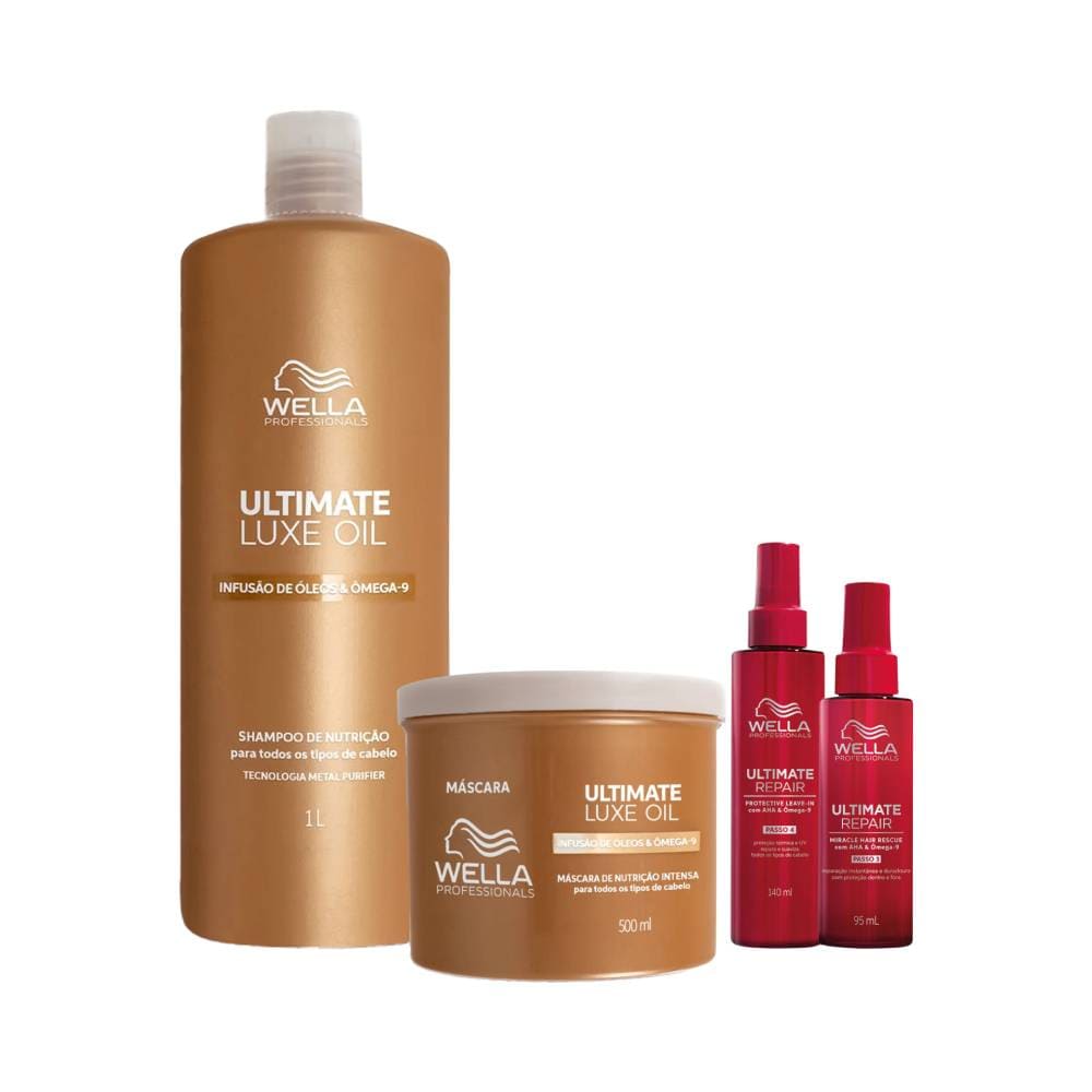 Kit Wella Ultimate: shampoo 1000ml, máscara 500ml, protetor térmico e leave-in