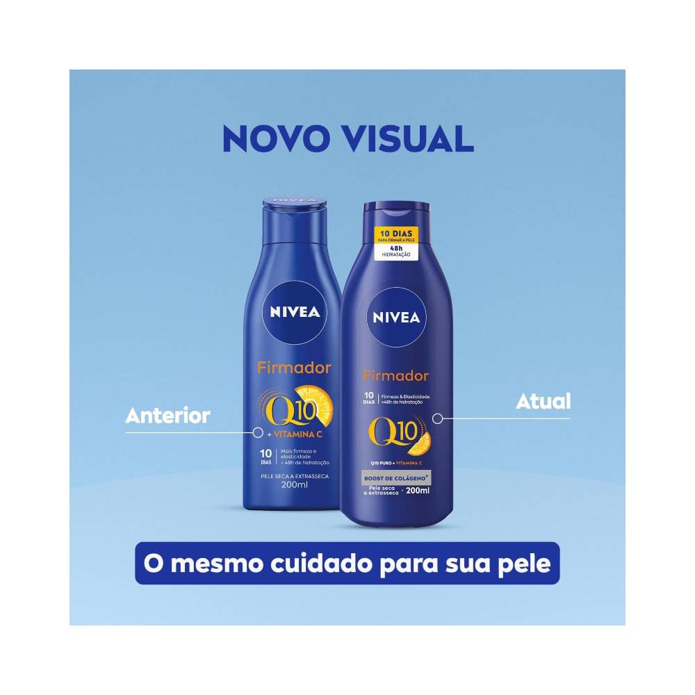 Comparação do novo e antigo frasco do hidratante NIVEA Firmador Q10