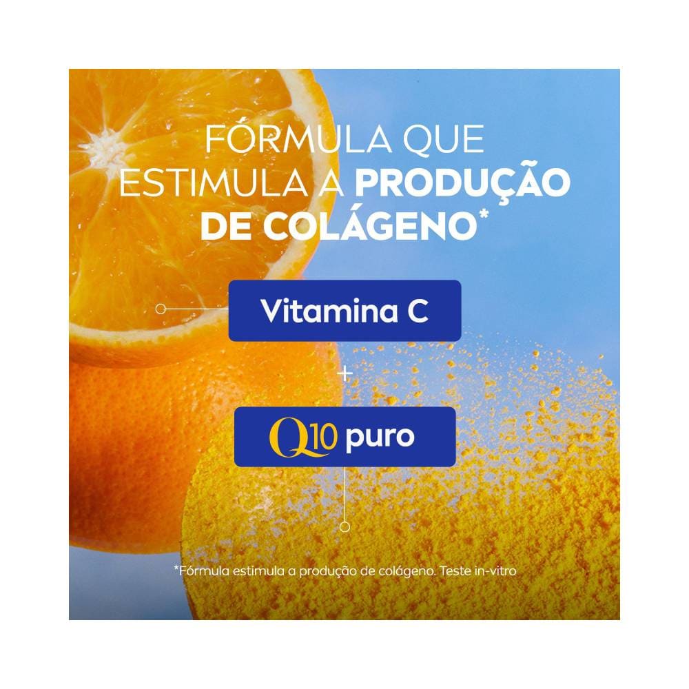 Imagem mostrando ingredientes como laranja e pó representando Vitamina C e Q10