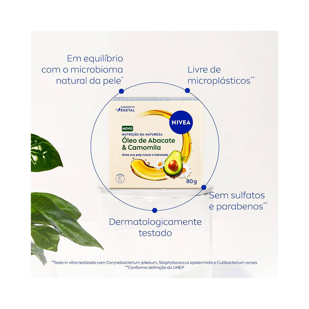 Embalagem do sabonete com ícones de atributos: sem sulfatos, sem parabenos, fórmula vegetal