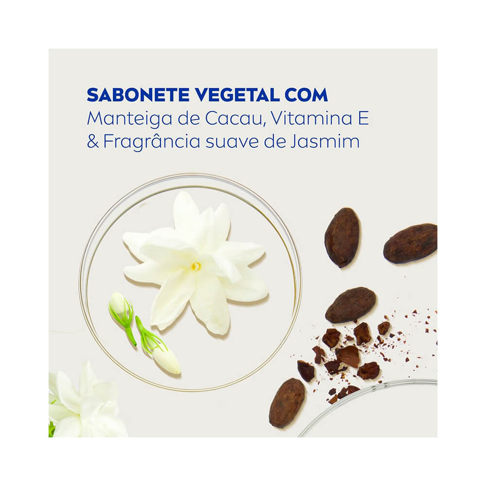 Ingredientes do sabonete: manteiga de cacau, vitamina E e jasmim