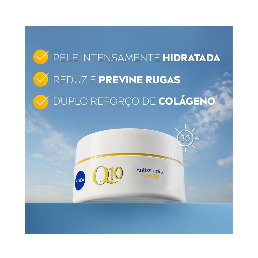Pote do Nivea Q10 Power Dia destacando benefícios e ícone FPS30